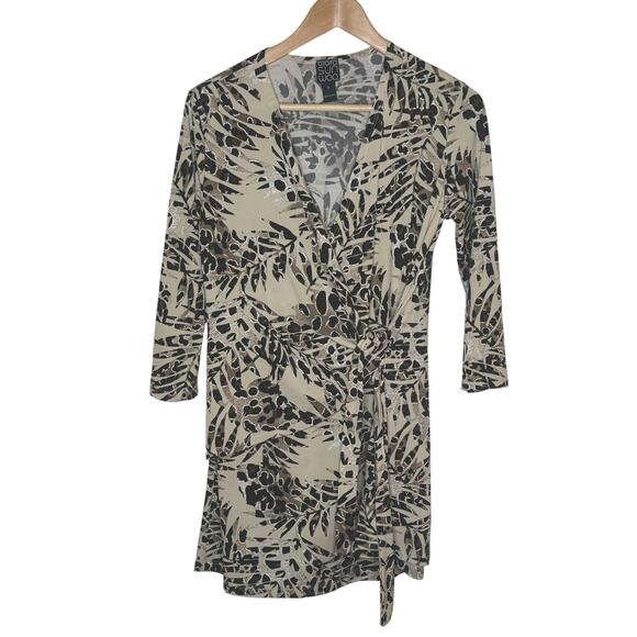 Clara Sun Woo Size Small Animal Palm Tree Print Faux Wrap Micro Mini Dress - Picture 1 of 8